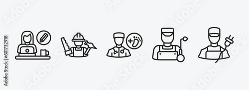 professions outline icons set. professions icons such as graphic de, carpenter, podiatrist, welder, electrician vector. can be used web and mobile.