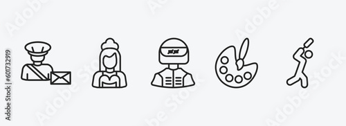 professions outline icons set. professions icons such as postman, maid, racer, artist, cricket player vector. can be used web and mobile.