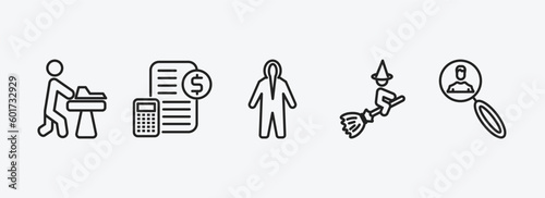 people outline icons set. people icons such as carpenter working, book keeper, protective suit, witch flying broom, recruit vector. can be used web and mobile.
