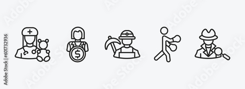 professions outline icons set. professions icons such as pediatrician, financial manager, miner, boxer, detective vector. can be used web and mobile.