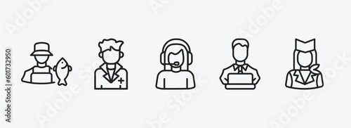 professions outline icons set. professions icons such as fisherman, doctor, callcenter, programmer, air hostess vector. can be used web and mobile.