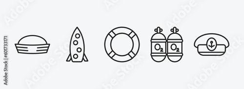 nautical outline icons set. nautical icons such as sailor hat, one suroard, lifesaver, oxygen tank, captain hat vector. can be used web and mobile.