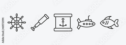 nautical outline icons set. nautical icons such as boat steering wheel, nautical monocular, sea package, submarine, fish vector. can be used web and mobile.