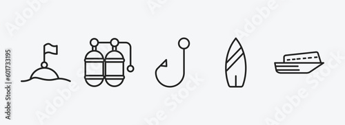nautical outline icons set. nautical icons such as buoys, double air tank, bait, suroard, speed boat facing right vector. can be used web and mobile.