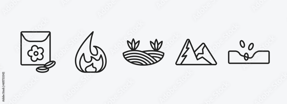 nature outline icons set. nature icons such as flower seeds, flame, prairie, snowed mountains, sow vector. can be used web and mobile.