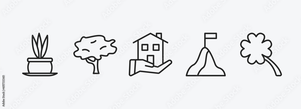 Fototapeta premium nature outline icons set. nature icons such as flower pot, red maple tree, house for rent, determination, four leaf clover vector. can be used web and mobile.