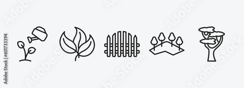 nature outline icons set. nature icons such as watering plant, green, picket fence, mountains with trees, eastern white pine tree vector. can be used web and mobile.