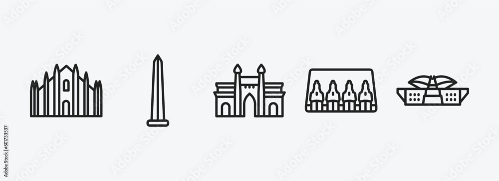 Fototapeta premium monuments outline icons set. monuments icons such as milan cathedral, obelisk of bue aires, gat of india, abu simbel, dpr/mpr building vector. can be used web and mobile.