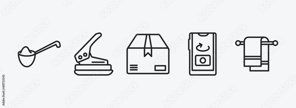 miscellaneous outline icons set. miscellaneous icons such as measuring spoon, puncher, product, front camera, towel rack vector. can be used web and mobile. miscellaneous outline icons set. miscellaneous icons such as measuring spoon, puncher, product, front camera, towel rack vector. can be used web and mobile.