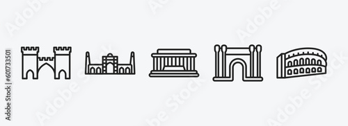 monuments outline icons set. monuments icons such as medieval, id kah mosque, national mall, barcelona, pula arena vector. can be used web and mobile.