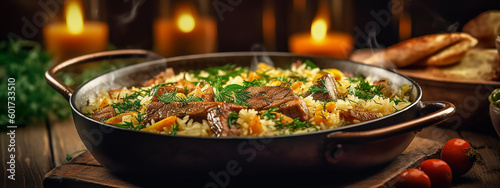 Savor the essence of Uzbek cuisine with this delectable pilaf showcased in the banner.