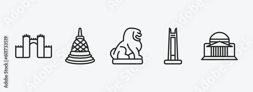monuments collection. outline icons set. monuments collection. icons such as medieval walls in avila  borobudur  imperial guardian lion  circle  bay vector. can be used web and mobile.