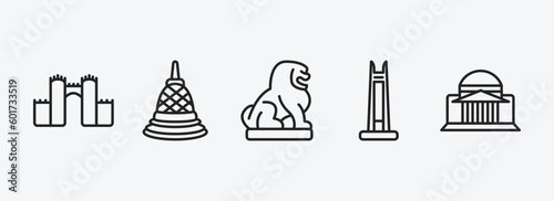 monuments collection. outline icons set. monuments collection. icons such as medieval walls in avila, borobudur, imperial guardian lion, circle, bay vector. can be used web and mobile.