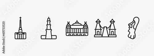 monuments outline icons set. monuments icons such as cathedral, qutb minar in new delhi, palais garnier, bridge of the west, easter island vector. can be used web and mobile.