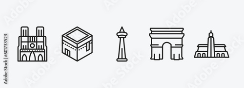 monuments outline icons set. monuments icons such as notre dame cathedral, kaaba building, , arc of triomphe, hassan mosque vector. can be used web and mobile.