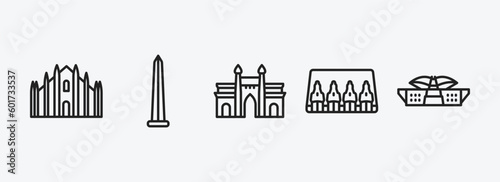 monuments outline icons set. monuments icons such as milan cathedral, obelisk of bue aires, gat of india, abu simbel, dpr/mpr building vector. can be used web and mobile.