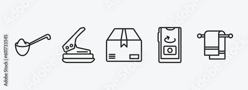 miscellaneous outline icons set. miscellaneous icons such as measuring spoon, puncher, product, front camera, towel rack vector. can be used web and mobile.
