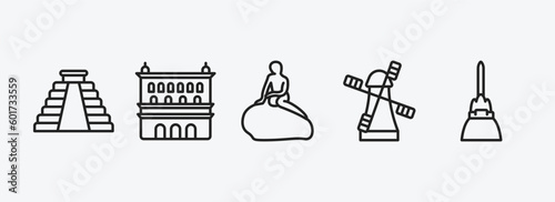 monuments outline icons set. monuments icons such as maya pyramid, lonja of zaragoza, denmark, kinderdijk windmills, philippines vector. can be used web and mobile.