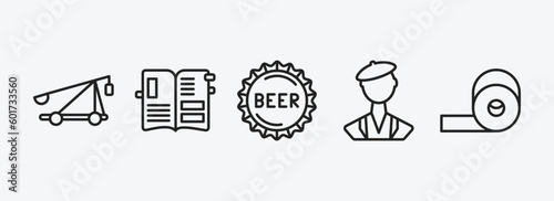 miscellaneous outline icons set. miscellaneous icons such as catapult, scrapbook, beer cap, swiss, adhesive tape vector. can be used web and mobile.