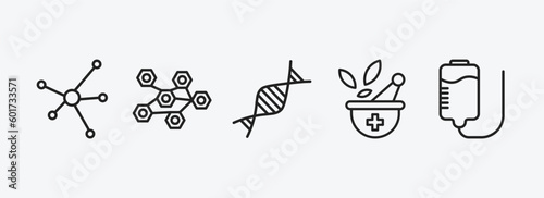 medical outline icons set. medical icons such as molecular structure, three hexagons cell, medical chain of dna, phary tool, plasma vector. can be used web and mobile.