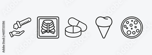 medical outline icons set. medical icons such as acid falling on hand, x ray of bones, pill, premolar, cells in a circle vector. can be used web and mobile.