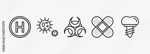 medical outline icons set. medical icons such as heliport, bacteria, biological warning, bandage cross, implants vector. can be used web and mobile.