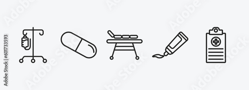 medical outline icons set. medical icons such as perfusion, medical pill, table of treatments, ointment, records vector. can be used web and mobile.
