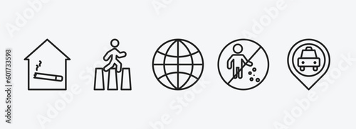 maps and flags outline icons set. maps and flags icons such as smoking place, crossing road caution, earth gobe, no littering, taxi stop vector. can be used web and mobile.
