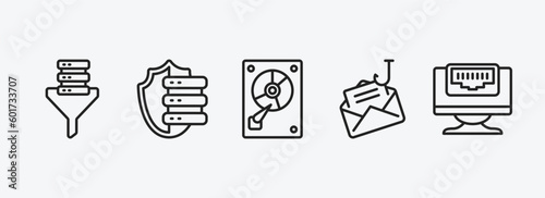 internet security outline icons set. internet security icons such as network funnel, server security, hard disc, phishing, ethernet vector. can be used web and mobile.