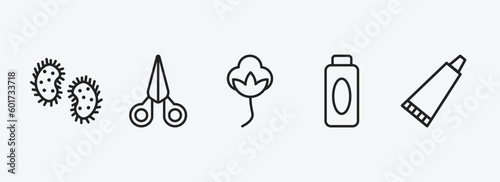 hygiene outline icons set. hygiene icons such as microbes, nail scissors, cotton, hair tonic, tooth paste vector. can be used web and mobile.