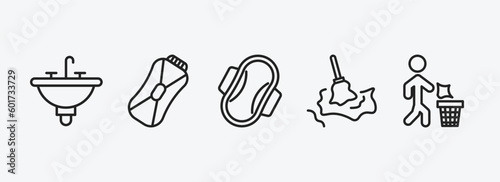 hygiene outline icons set. hygiene icons such as washbasin, epliator, sanitary napkin, wet cleaning, throw vector. can be used web and mobile.