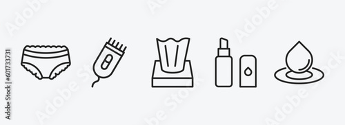 hygiene outline icons set. hygiene icons such as underwear, electric razor, tissues, lip balm, purity vector. can be used web and mobile.