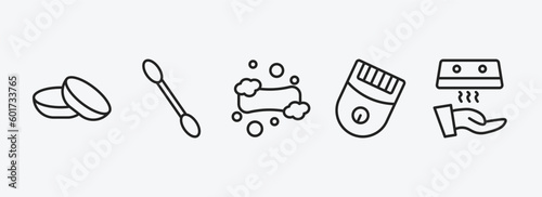 hygiene outline icons set. hygiene icons such as lens, cotton swab, lather, epilator, hand dryer vector. can be used web and mobile.