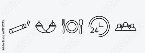 hotel and restaurant outline icons set. hotel and restaurant icons such as smoking, hammock, food, 24 service, people vector. can be used web and mobile.