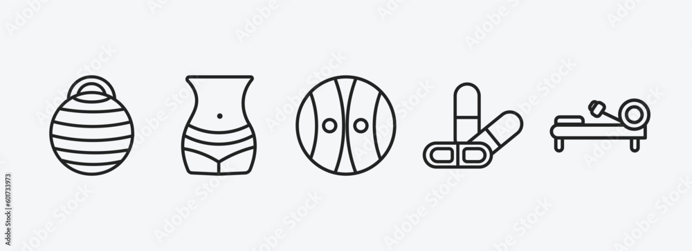 gym and fitness outline icons set. gym and fitness icons such as fitness ball, body, power ball, press simulator, rowing hine vector. can be used web and mobile. gym and fitness outline icons set. gym and fitness icons such as fitness ball, body, power ball, press simulator, rowing hine vector. can be used web and mobile.