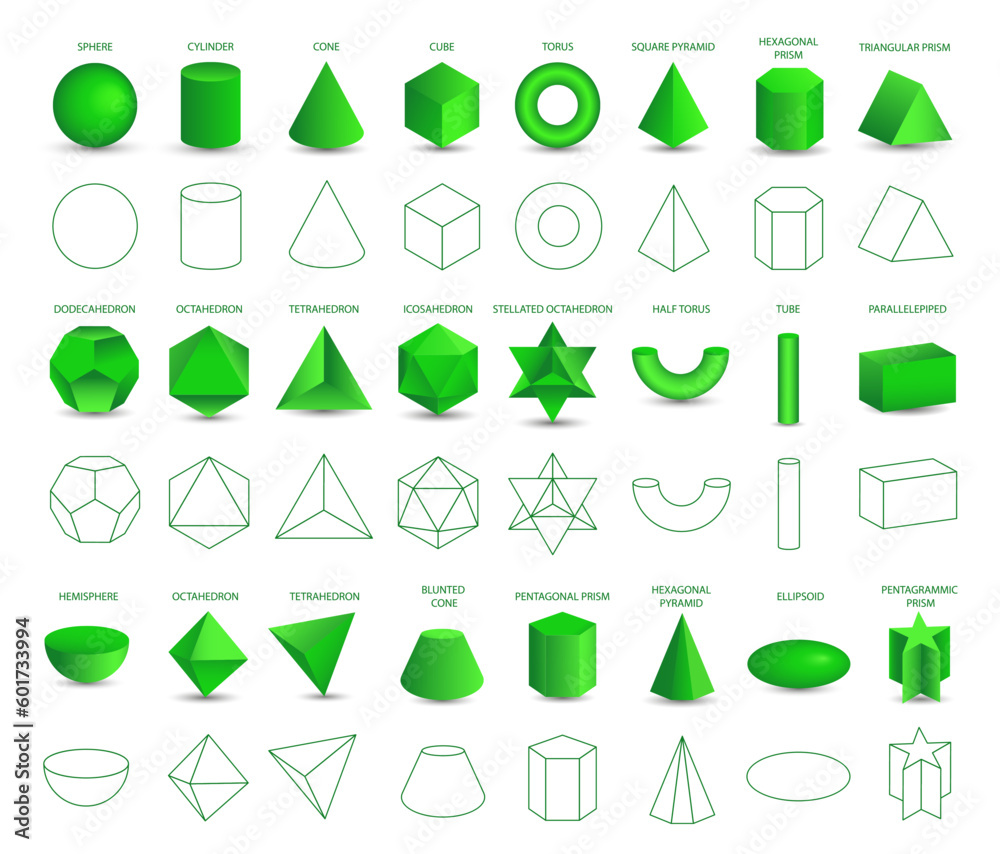 Set of vector realistic 3D green geometric shapes isolated on white background. Mathematics of geometric shapes, linear objects, contours. Platonic solid. Icons, logos for education, business, design Set of vector realistic 3D green geometric shapes isolated on white background. Mathematics of geometric shapes, linear objects, contours. Platonic solid. Icons, logos for education, business, design