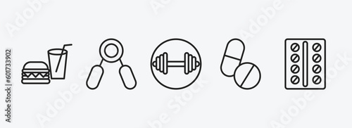 health and medical outline icons set. health and medical icons such as fast food, handgrip, weightlifting, pills, contraceptive pills vector. can be used web and mobile.