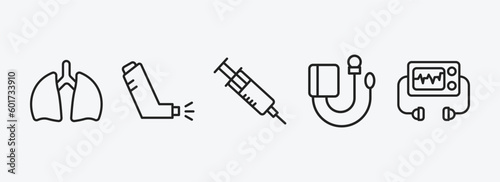 health and medical outline icons set. health and medical icons such as lung, inhalator, injection, sphygmomanometer, defibrillator vector. can be used web and mobile.