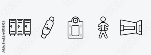 gym and fitness outline icons set. gym and fitness icons such as locker, fitness bracelet, weighing scale, stick man hoop, lumbar belt vector. can be used web and mobile.