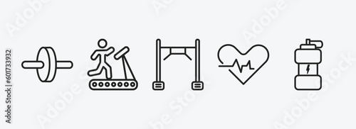 gym and fitness outline icons set. gym and fitness icons such as fitness wheel, running treadmill, training apparatus, heart, isotonic vector. can be used web and mobile.
