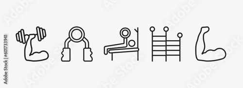 gym and fitness outline icons set. gym and fitness icons such as fitness, grip, press, gym ladder, muscles vector. can be used web and mobile.