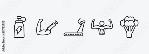 gym and fitness outline icons set. gym and fitness icons such as fitness drink, steroids, running hine, bodybuilder, broccoli porcion vector. can be used web and mobile.