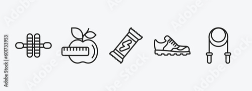 gym and fitness outline icons set. gym and fitness icons such as gymnastic roller, fitness nutrition, energy snack, trainers, skipping rope vector. can be used web and mobile.
