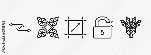 geometry outline icons set. geometry icons such as flow, polygonal windmill, dimensions, unlock, polygonal giraffe vector. can be used web and mobile.