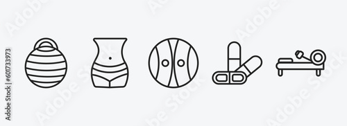 gym and fitness outline icons set. gym and fitness icons such as fitness ball, body, power ball, press simulator, rowing hine vector. can be used web and mobile.