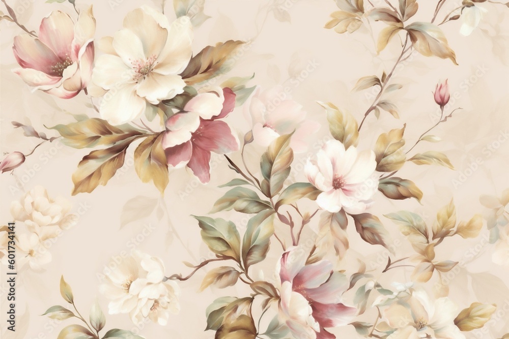 wallpaper fashion flower watercolor illustration background peony seamless leaf design delicate. Generative AI.
