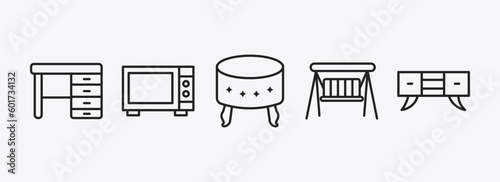 furniture & household outline icons set. furniture & household icons such as desk, microwave, footstool, porch swing, credenza vector. can be used web and mobile.
