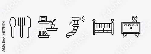 furniture & household outline icons set. furniture & household icons such as silverware, wall shelves, bidet, crib, night stand vector. can be used web and mobile.