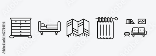 furniture & household outline icons set. furniture & household icons such as chest of drawers, daybed, room divider, shower curtain, livingroom vector. can be used web and mobile.