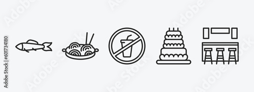 food outline icons set. food icons such as sardines, chow mein, no drinking, celebration cake, cafe bar vector. can be used web and mobile.